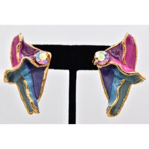 Lacombe Vintage Clip On Earrings Chunky Blue Pink Modernist Gold Art 1988 BinAZ